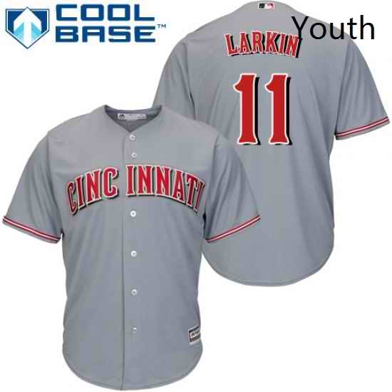 Youth Majestic Cincinnati Reds 11 Barry Larkin Replica Grey Road Cool Base MLB Jersey